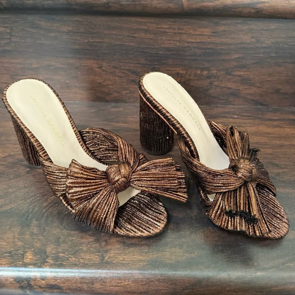 Loeffler Randall Metallic Bronze Knotted Block Heel Mules